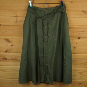 LOFT Green Button Front Lined A-Line Belted Skirt Size 10